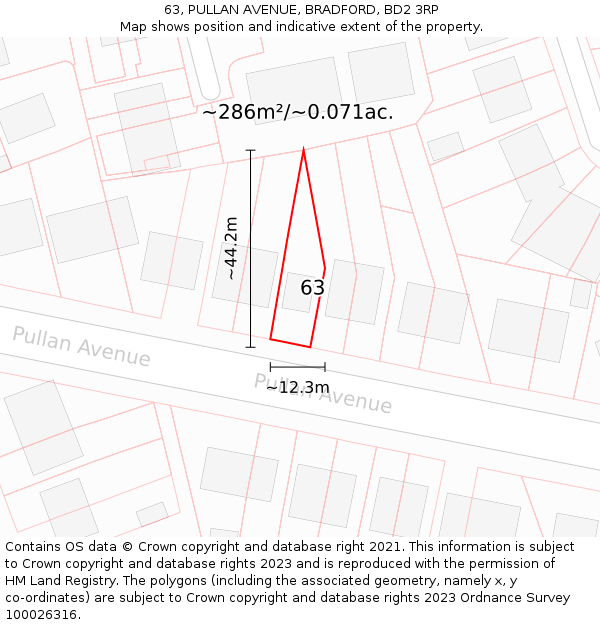 63, PULLAN AVENUE, BRADFORD, BD2 3RP: Plot and title map