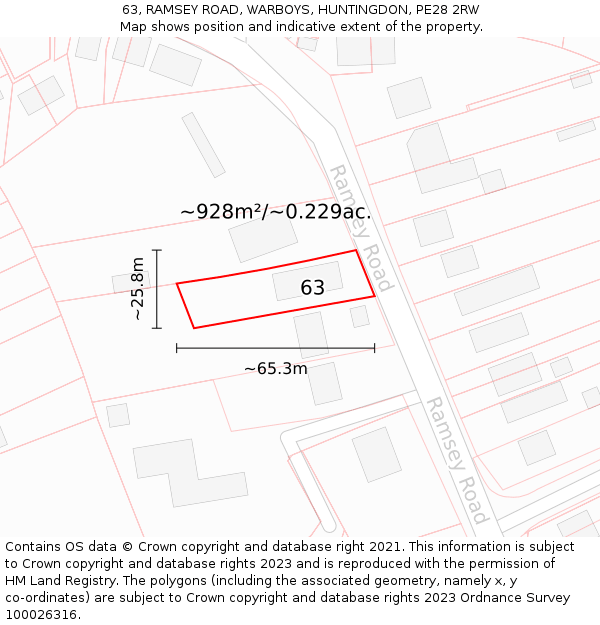 63, RAMSEY ROAD, WARBOYS, HUNTINGDON, PE28 2RW: Plot and title map