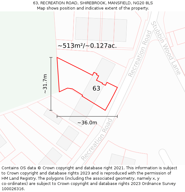 63, RECREATION ROAD, SHIREBROOK, MANSFIELD, NG20 8LS: Plot and title map