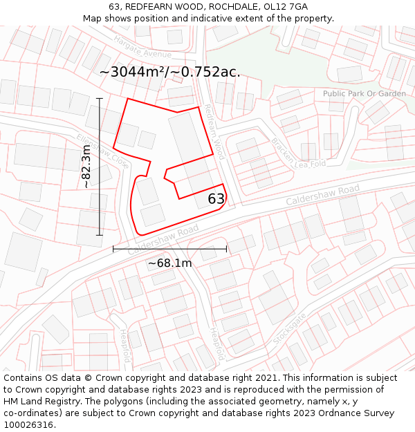 63, REDFEARN WOOD, ROCHDALE, OL12 7GA: Plot and title map