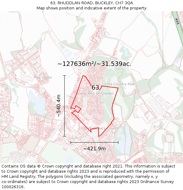 63, RHUDDLAN ROAD, BUCKLEY, CH7 3QA: Plot and title map