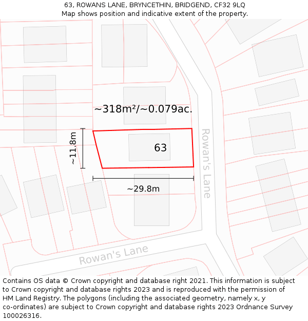 63, ROWANS LANE, BRYNCETHIN, BRIDGEND, CF32 9LQ: Plot and title map