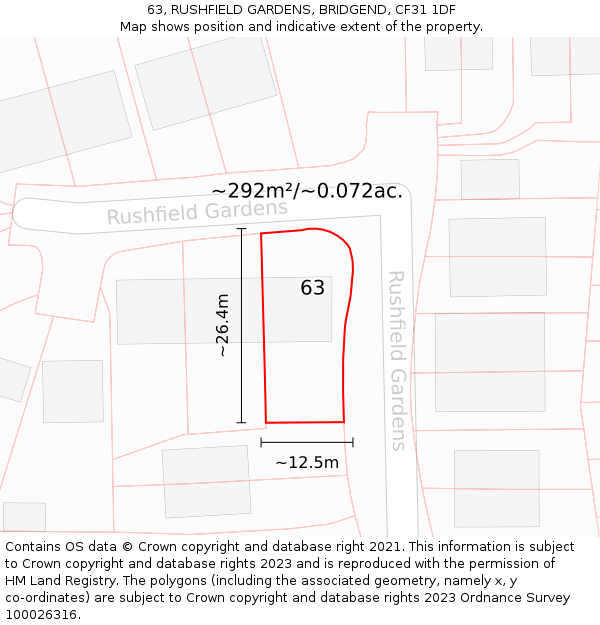 63, RUSHFIELD GARDENS, BRIDGEND, CF31 1DF: Plot and title map