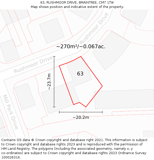 63, RUSHMOOR DRIVE, BRAINTREE, CM7 1TW: Plot and title map