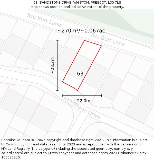 63, SANDSTONE DRIVE, WHISTON, PRESCOT, L35 7LS: Plot and title map