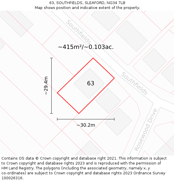 63, SOUTHFIELDS, SLEAFORD, NG34 7LB: Plot and title map