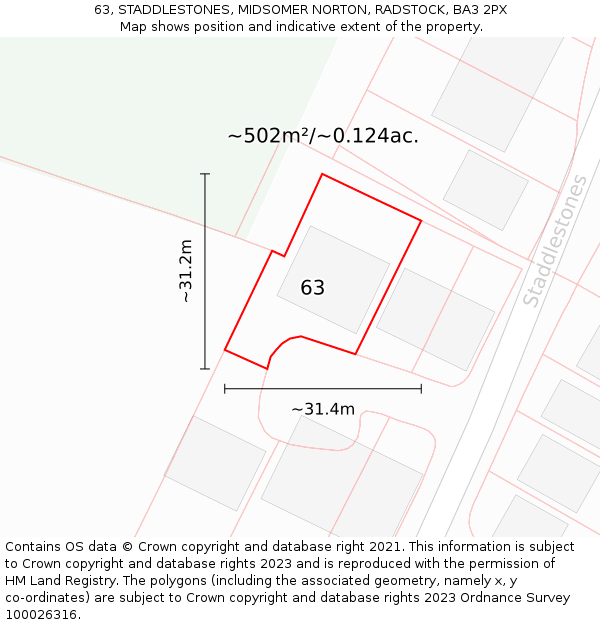 63, STADDLESTONES, MIDSOMER NORTON, RADSTOCK, BA3 2PX: Plot and title map