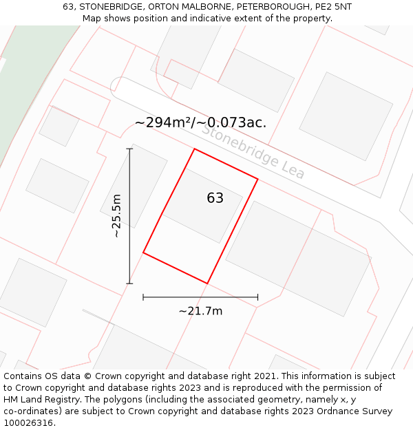 63, STONEBRIDGE, ORTON MALBORNE, PETERBOROUGH, PE2 5NT: Plot and title map