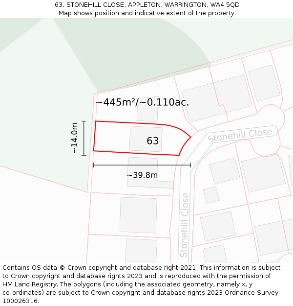 63, STONEHILL CLOSE, APPLETON, WARRINGTON, WA4 5QD: Plot and title map