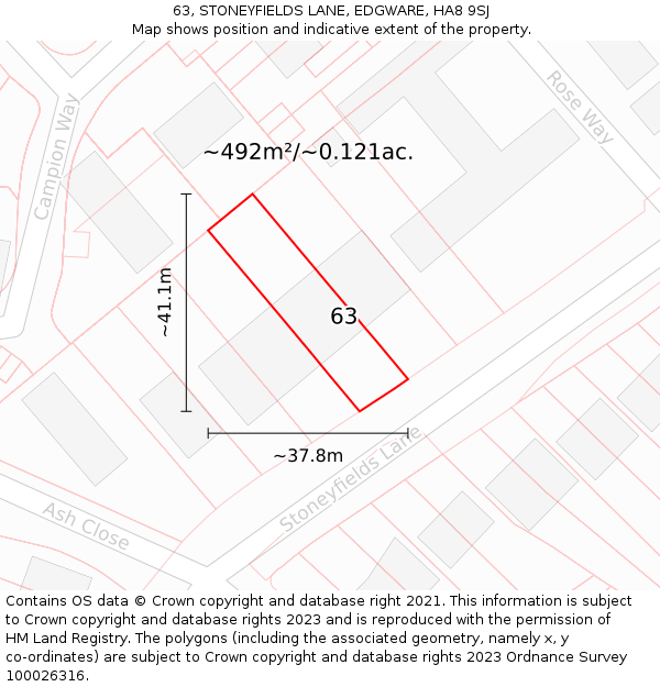 63, STONEYFIELDS LANE, EDGWARE, HA8 9SJ: Plot and title map