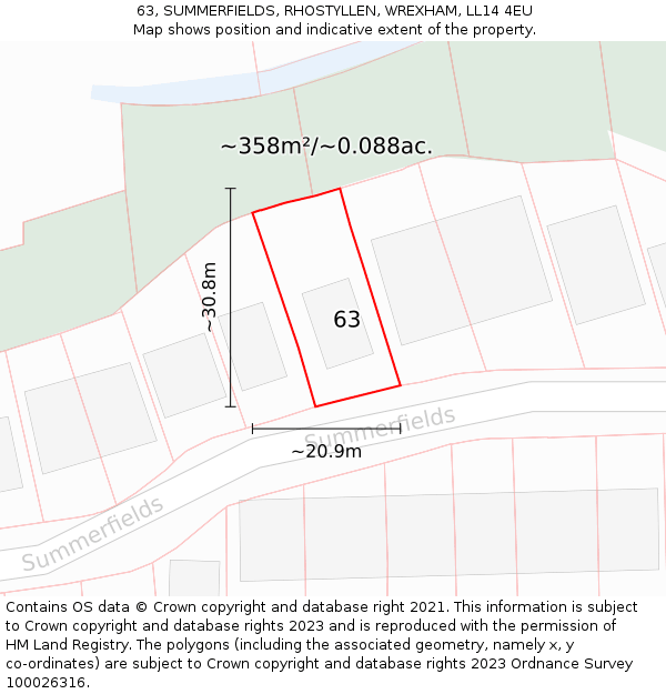 63, SUMMERFIELDS, RHOSTYLLEN, WREXHAM, LL14 4EU: Plot and title map