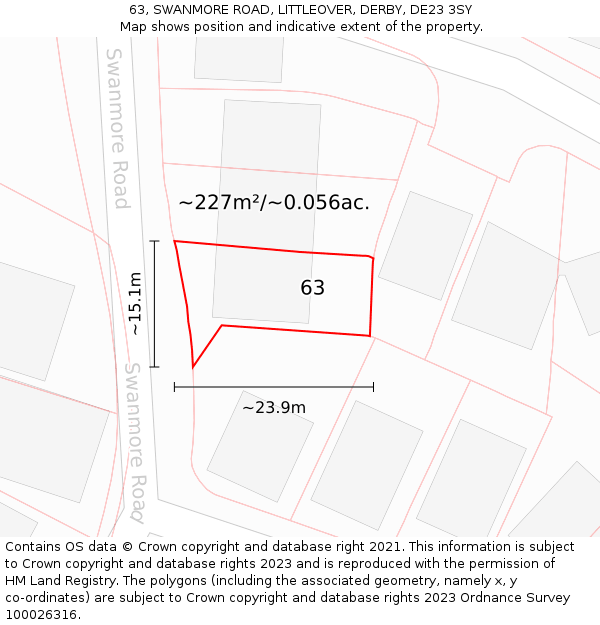 63, SWANMORE ROAD, LITTLEOVER, DERBY, DE23 3SY: Plot and title map