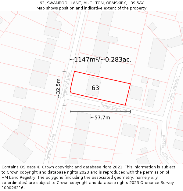 63, SWANPOOL LANE, AUGHTON, ORMSKIRK, L39 5AY: Plot and title map