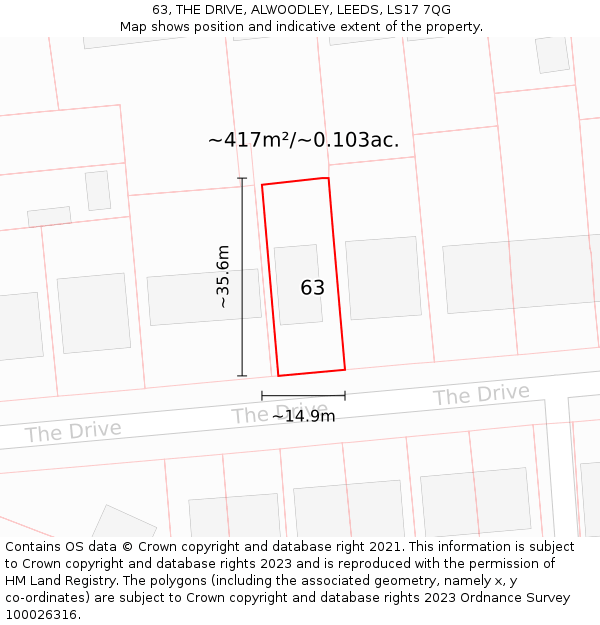 63, THE DRIVE, ALWOODLEY, LEEDS, LS17 7QG: Plot and title map