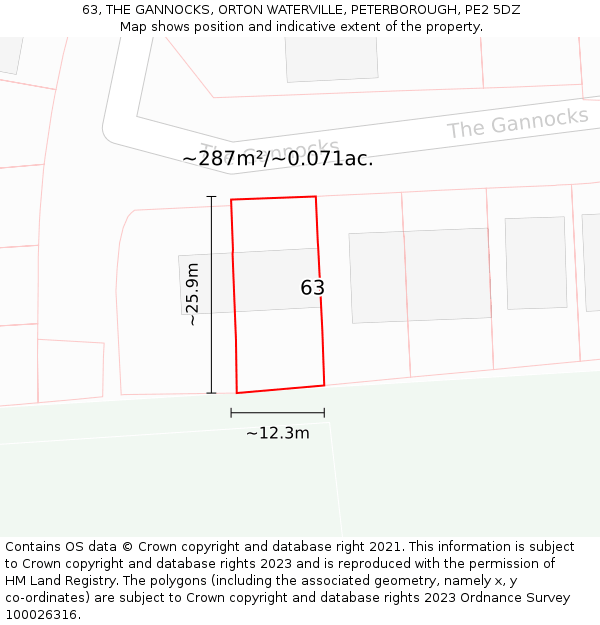 63, THE GANNOCKS, ORTON WATERVILLE, PETERBOROUGH, PE2 5DZ: Plot and title map