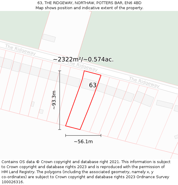 63, THE RIDGEWAY, NORTHAW, POTTERS BAR, EN6 4BD: Plot and title map
