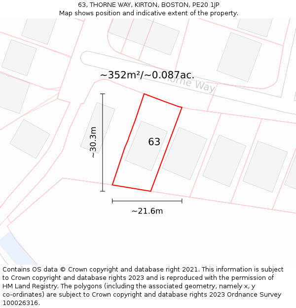 63, THORNE WAY, KIRTON, BOSTON, PE20 1JP: Plot and title map