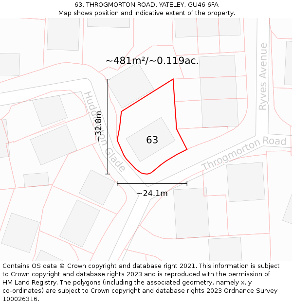 63, THROGMORTON ROAD, YATELEY, GU46 6FA: Plot and title map