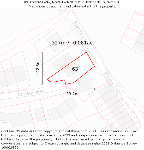 63, TORRANI WAY, NORTH WINGFIELD, CHESTERFIELD, S42 5UU: Plot and title map