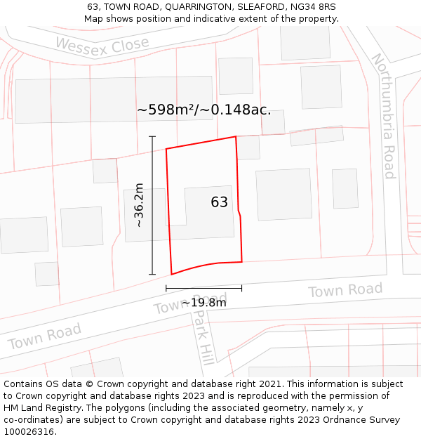 63, TOWN ROAD, QUARRINGTON, SLEAFORD, NG34 8RS: Plot and title map