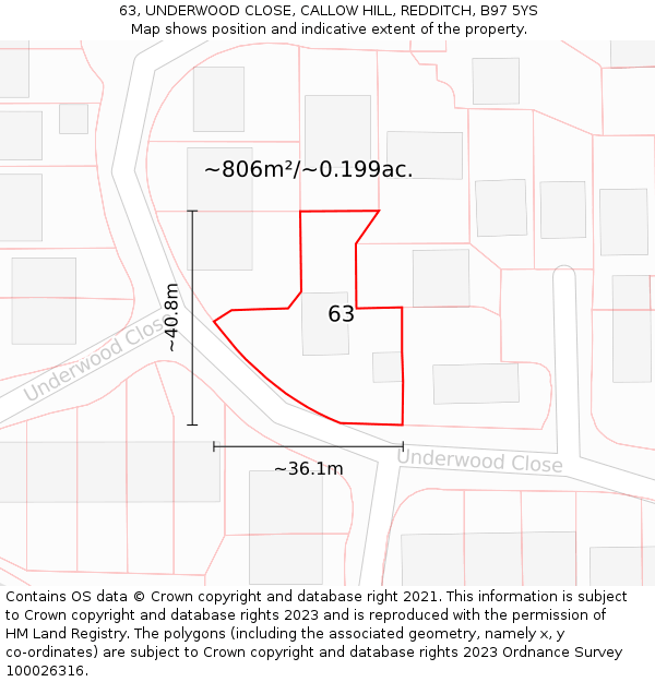 63, UNDERWOOD CLOSE, CALLOW HILL, REDDITCH, B97 5YS: Plot and title map
