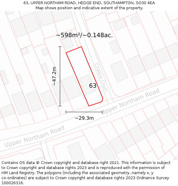 63, UPPER NORTHAM ROAD, HEDGE END, SOUTHAMPTON, SO30 4EA: Plot and title map