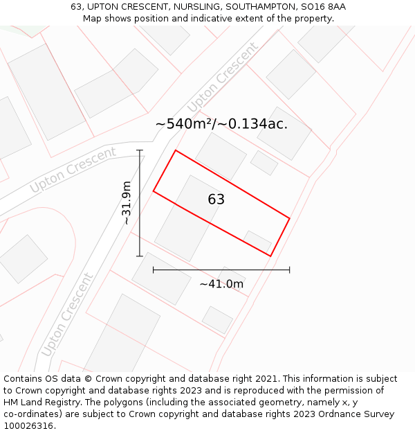 63, UPTON CRESCENT, NURSLING, SOUTHAMPTON, SO16 8AA: Plot and title map