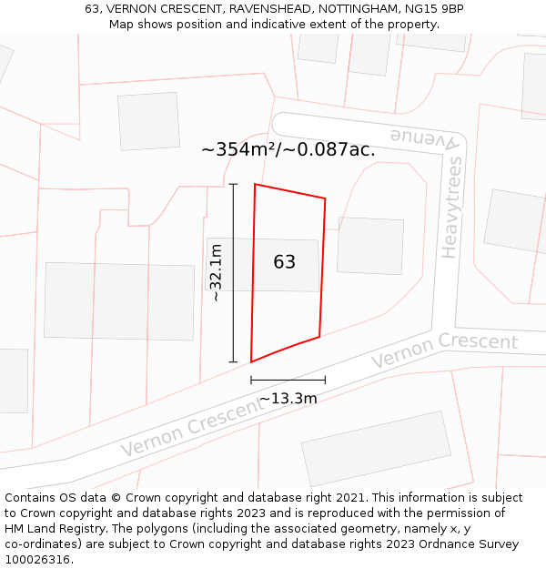 63, VERNON CRESCENT, RAVENSHEAD, NOTTINGHAM, NG15 9BP: Plot and title map