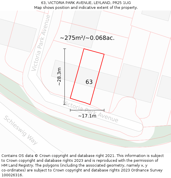 63, VICTORIA PARK AVENUE, LEYLAND, PR25 1UG: Plot and title map