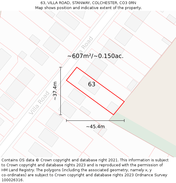 63, VILLA ROAD, STANWAY, COLCHESTER, CO3 0RN: Plot and title map