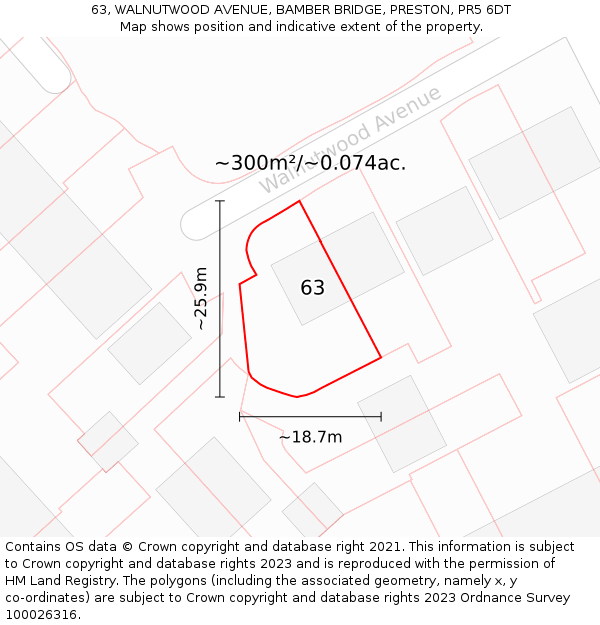 63, WALNUTWOOD AVENUE, BAMBER BRIDGE, PRESTON, PR5 6DT: Plot and title map
