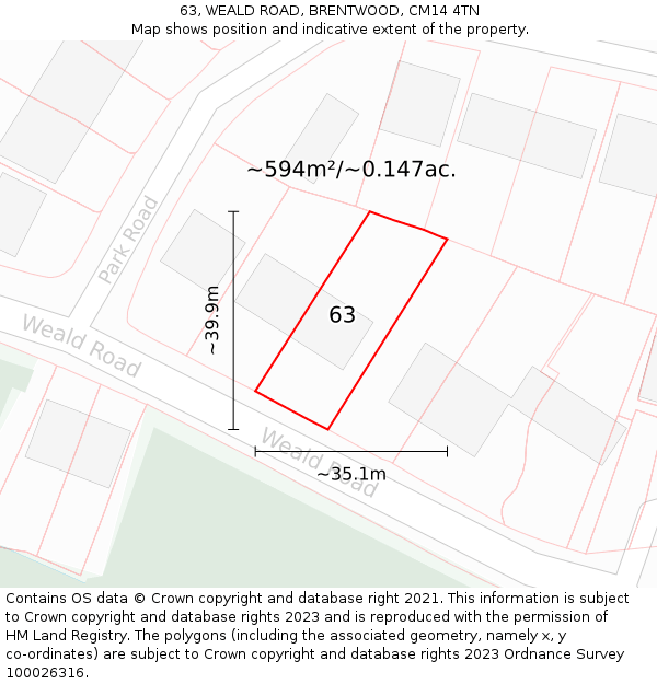 63, WEALD ROAD, BRENTWOOD, CM14 4TN: Plot and title map