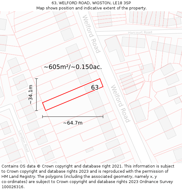 63, WELFORD ROAD, WIGSTON, LE18 3SP: Plot and title map
