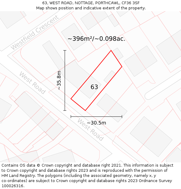 63, WEST ROAD, NOTTAGE, PORTHCAWL, CF36 3SF: Plot and title map