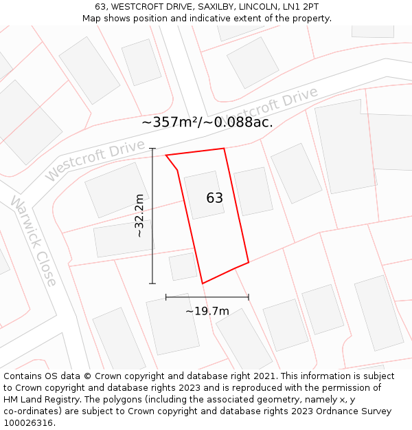 63, WESTCROFT DRIVE, SAXILBY, LINCOLN, LN1 2PT: Plot and title map