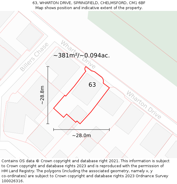 63, WHARTON DRIVE, SPRINGFIELD, CHELMSFORD, CM1 6BF: Plot and title map