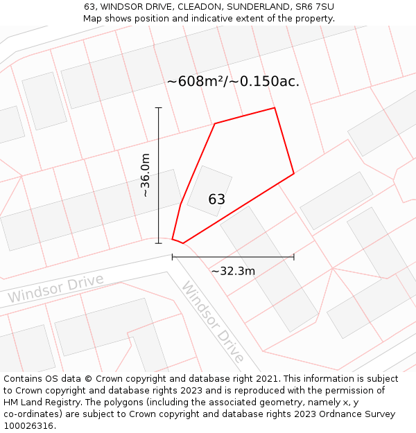 63, WINDSOR DRIVE, CLEADON, SUNDERLAND, SR6 7SU: Plot and title map