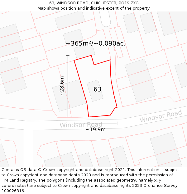 63, WINDSOR ROAD, CHICHESTER, PO19 7XG: Plot and title map