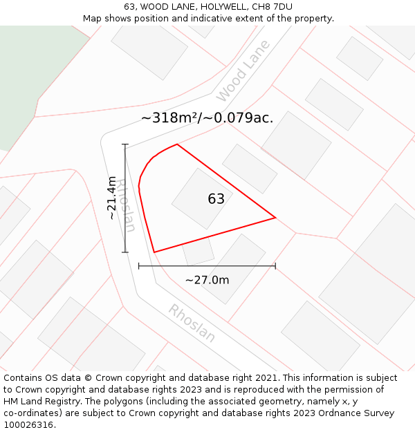 63, WOOD LANE, HOLYWELL, CH8 7DU: Plot and title map