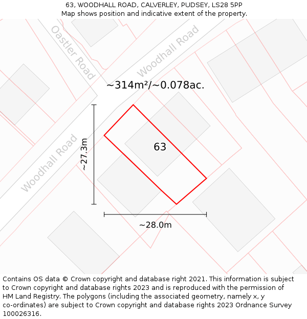 63, WOODHALL ROAD, CALVERLEY, PUDSEY, LS28 5PP: Plot and title map