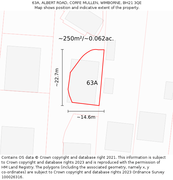 63A, ALBERT ROAD, CORFE MULLEN, WIMBORNE, BH21 3QE: Plot and title map