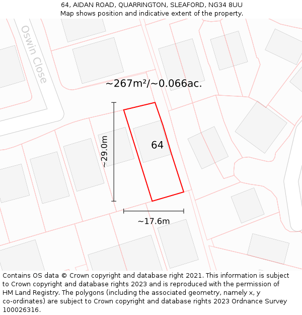 64, AIDAN ROAD, QUARRINGTON, SLEAFORD, NG34 8UU: Plot and title map