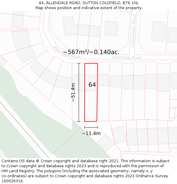 64, ALLENDALE ROAD, SUTTON COLDFIELD, B76 1NL: Plot and title map