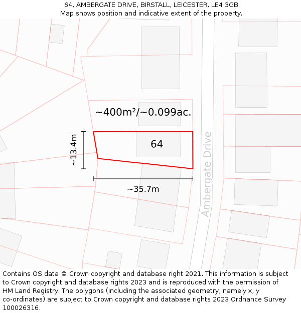 64, AMBERGATE DRIVE, BIRSTALL, LEICESTER, LE4 3GB: Plot and title map