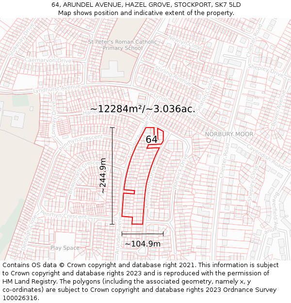 64, ARUNDEL AVENUE, HAZEL GROVE, STOCKPORT, SK7 5LD: Plot and title map
