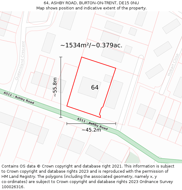 64, ASHBY ROAD, BURTON-ON-TRENT, DE15 0NU: Plot and title map