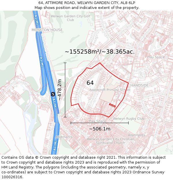 64, ATTIMORE ROAD, WELWYN GARDEN CITY, AL8 6LP: Plot and title map