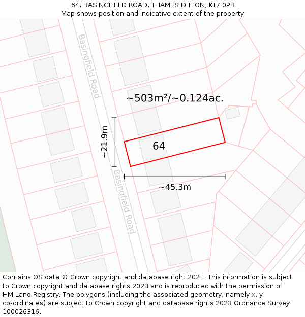 64, BASINGFIELD ROAD, THAMES DITTON, KT7 0PB: Plot and title map