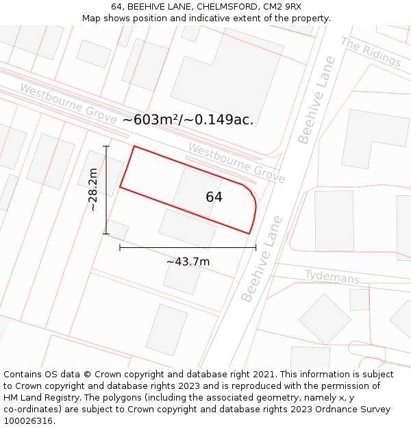 64, BEEHIVE LANE, CHELMSFORD, CM2 9RX: Plot and title map