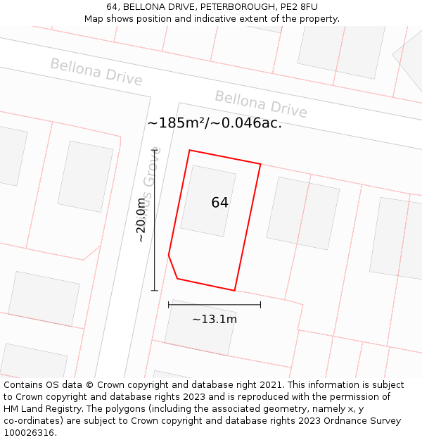 64, BELLONA DRIVE, PETERBOROUGH, PE2 8FU: Plot and title map